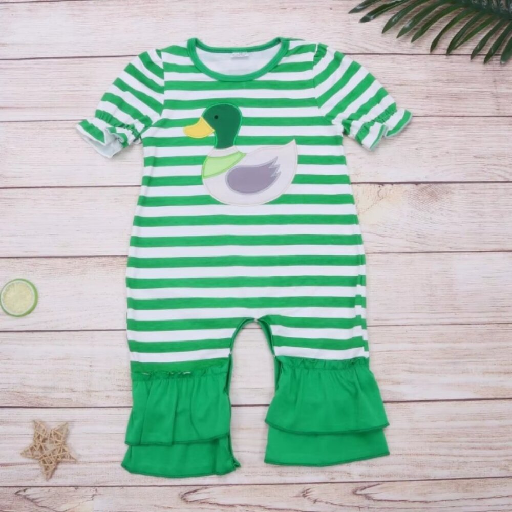 Boutique Baby Girls Duck Mallard Short Sleeve Ruffle Romper Jumpsuit